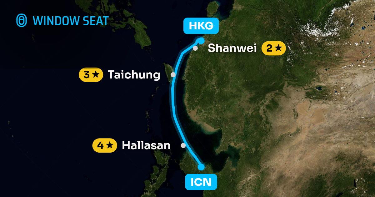 Map of the Seoul to Hong Kong flight path with its landmarks on each side
