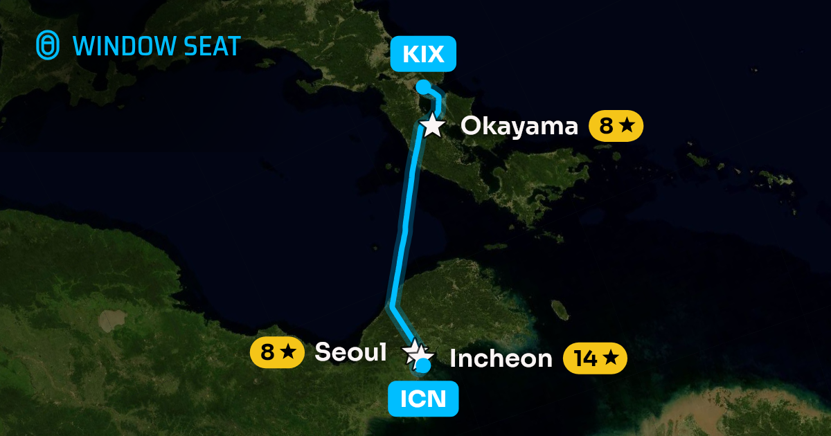 Map of the Seoul to Osaka flight path with its landmarks on each side