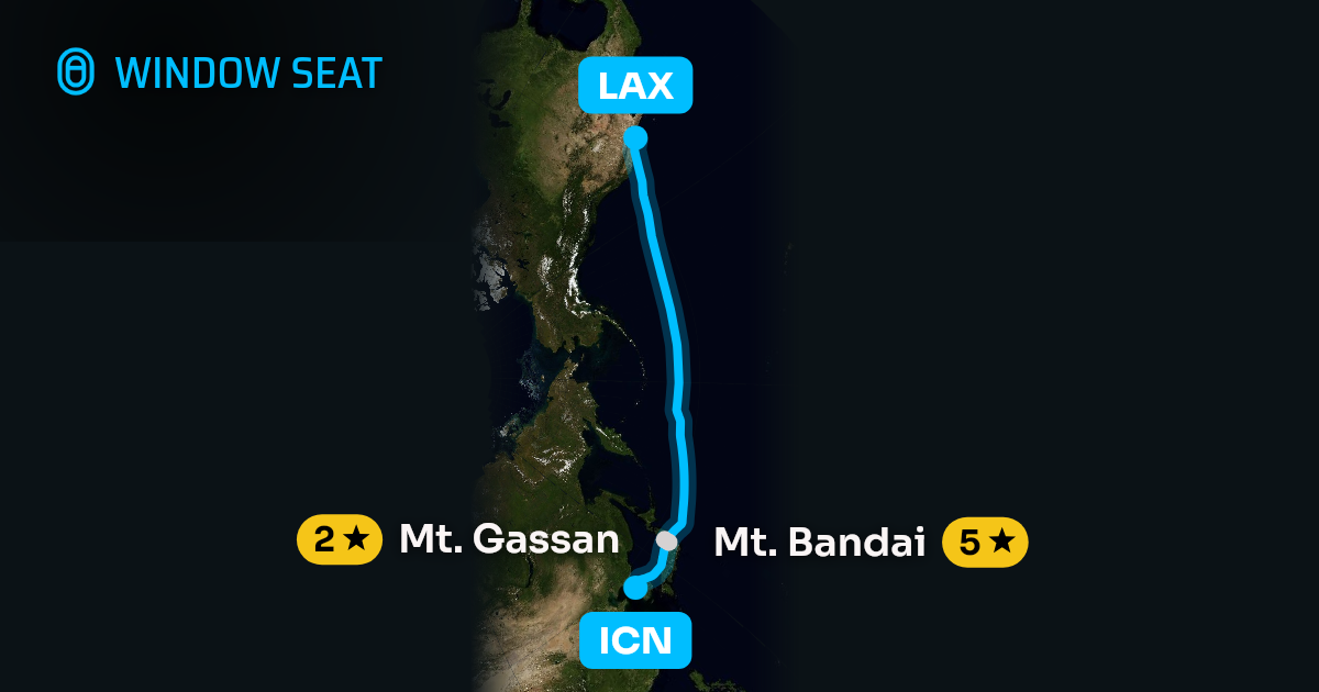 Map of the Seoul to Los Angeles flight path with its landmarks on each side