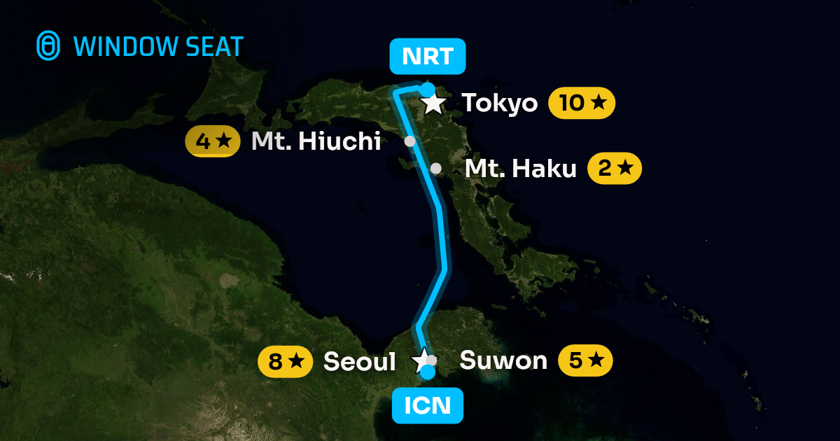Map of the Seoul to Tokyo flight path with its landmarks on each side