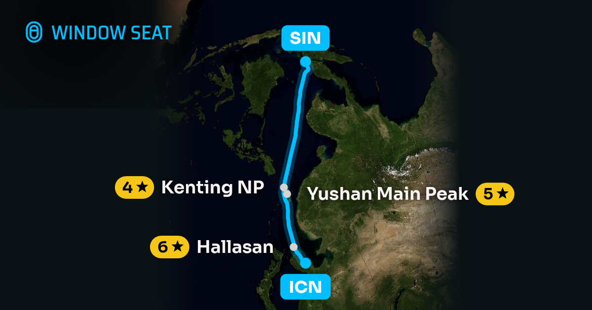 Map of the Seoul to Singapore flight path with its landmarks on each side