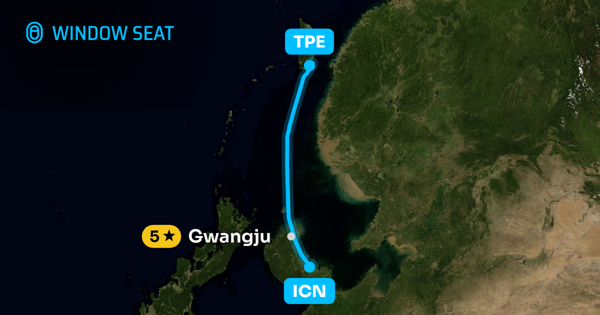 Map of the Seoul to Taipei flight path with its landmarks on each side