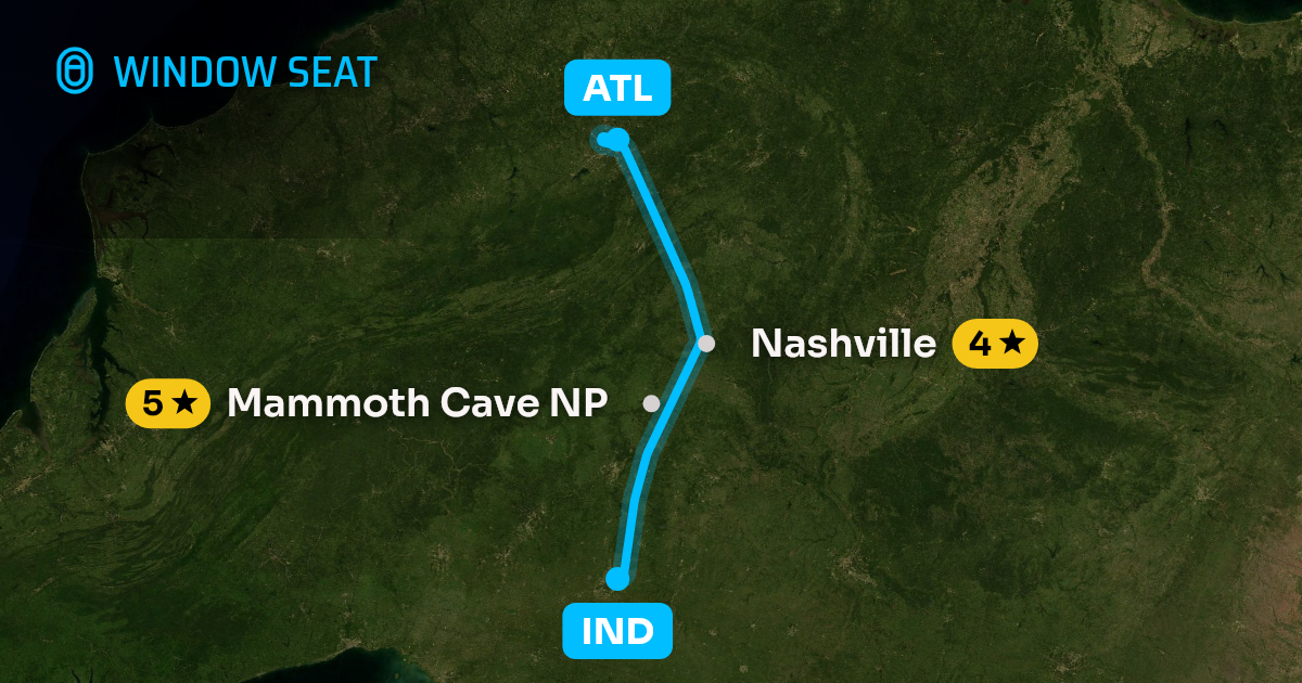 Map of the Indianapolis to Atlanta flight path with its landmarks on each side