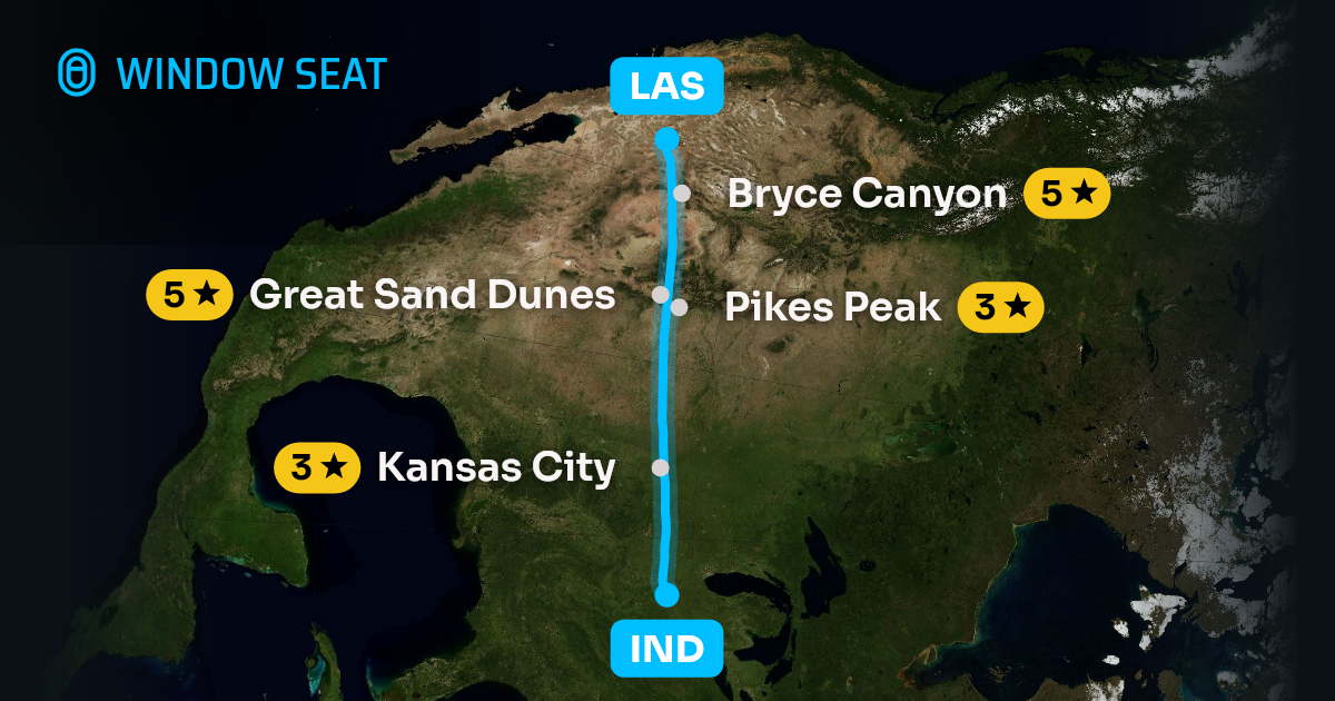 Map of the Indianapolis to Las Vegas flight path with its landmarks on each side