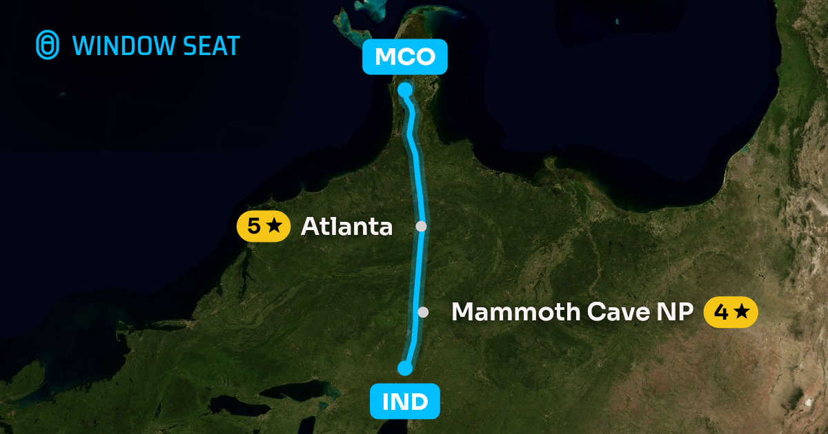 Map of the Indianapolis to Orlando flight path with its landmarks on each side