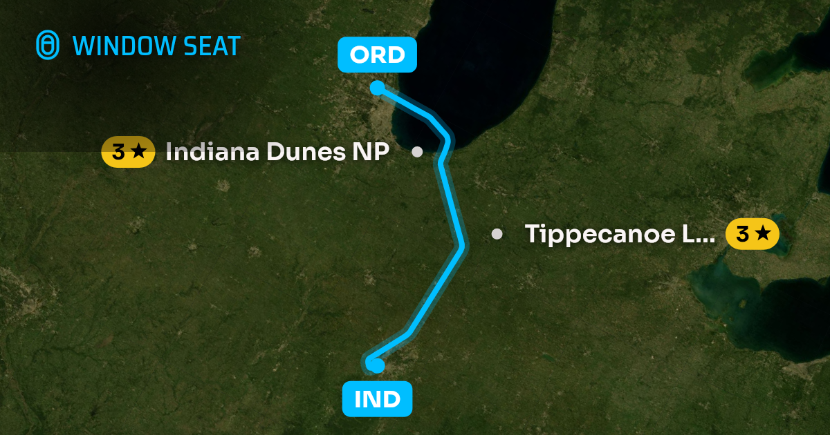 Map of the Indianapolis to Chicago flight path with its landmarks on each side