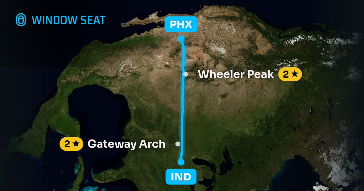 Map of the Indianapolis to Phoenix flight path with its landmarks on each side