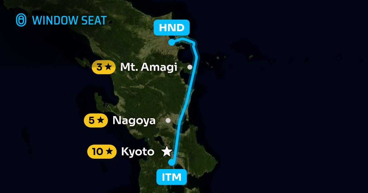 Map of the Osaka to Tokyo flight path with its landmarks on each side