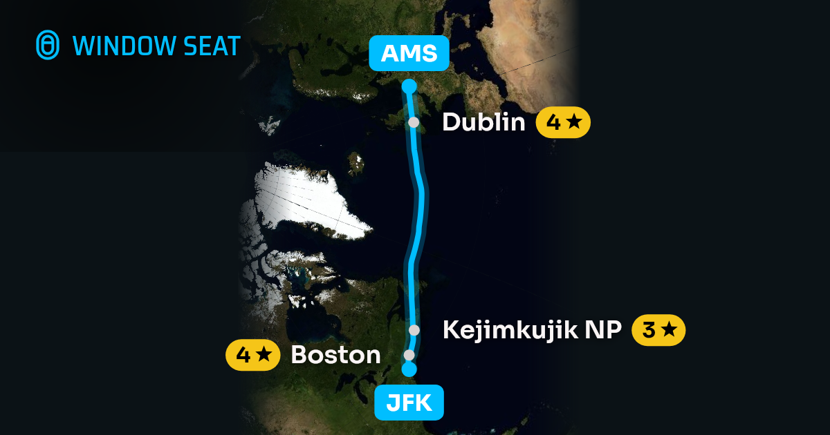 Map of the New York to Amsterdam flight path with its landmarks on each side