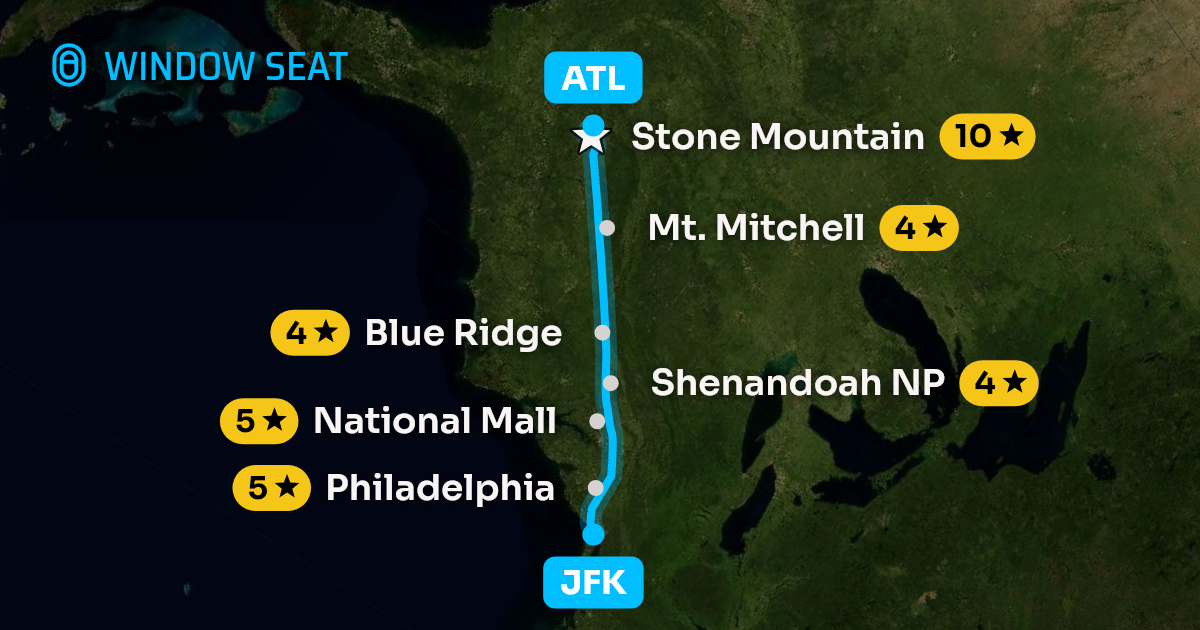 Map of the New York to Atlanta flight path with its landmarks on each side