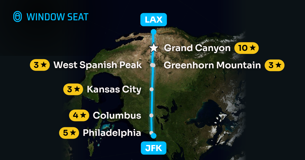 Map of the New York to Los Angeles flight path with its landmarks on each side
