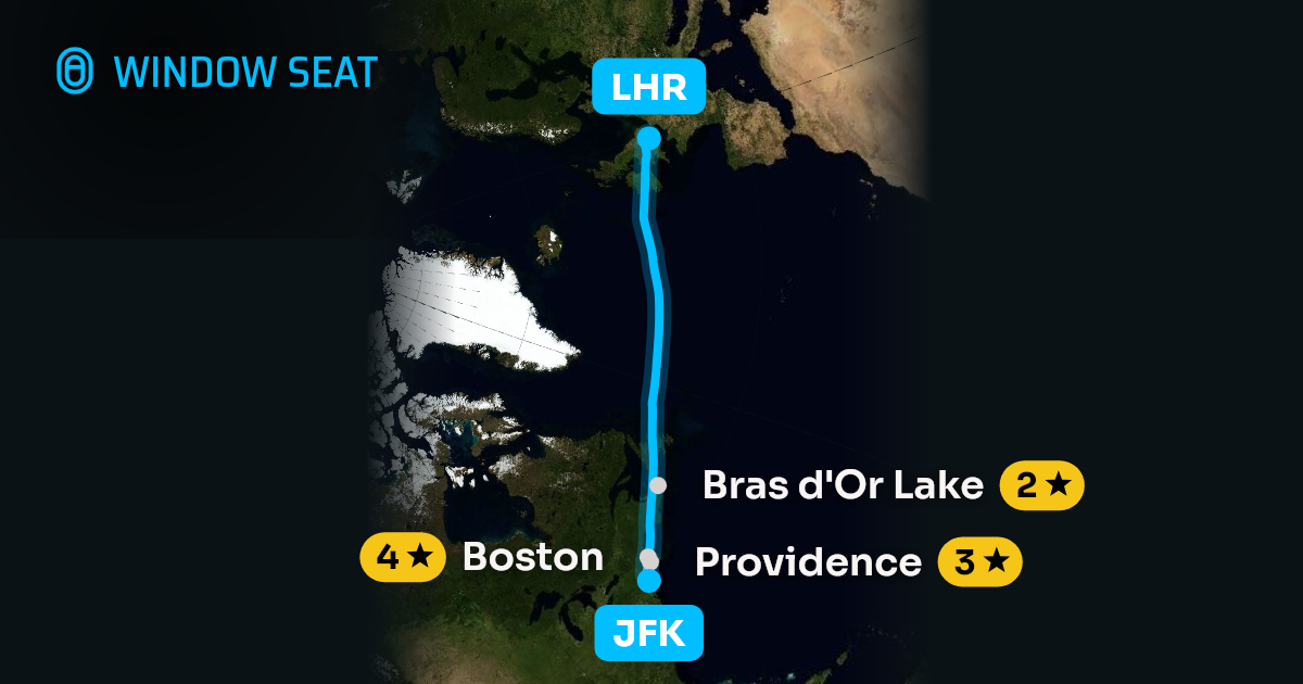 Map of the New York to London flight path with its landmarks on each side