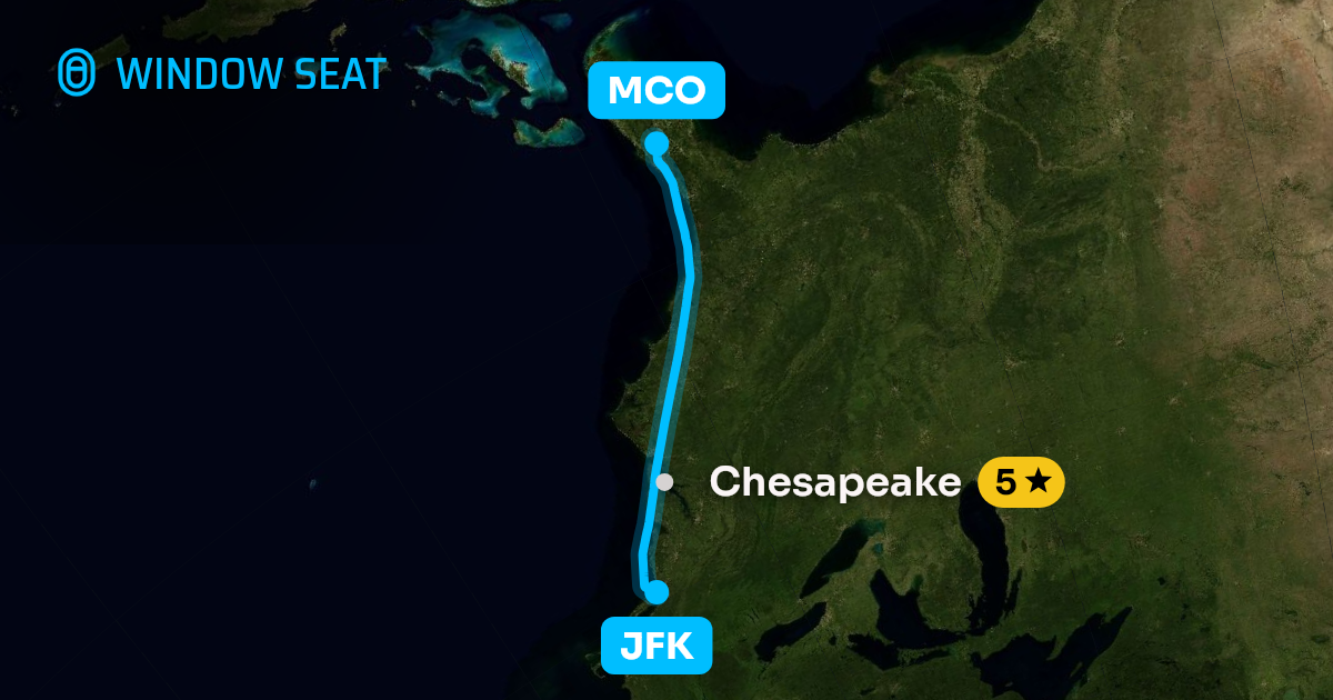 Map of the New York to Orlando flight path with its landmarks on each side