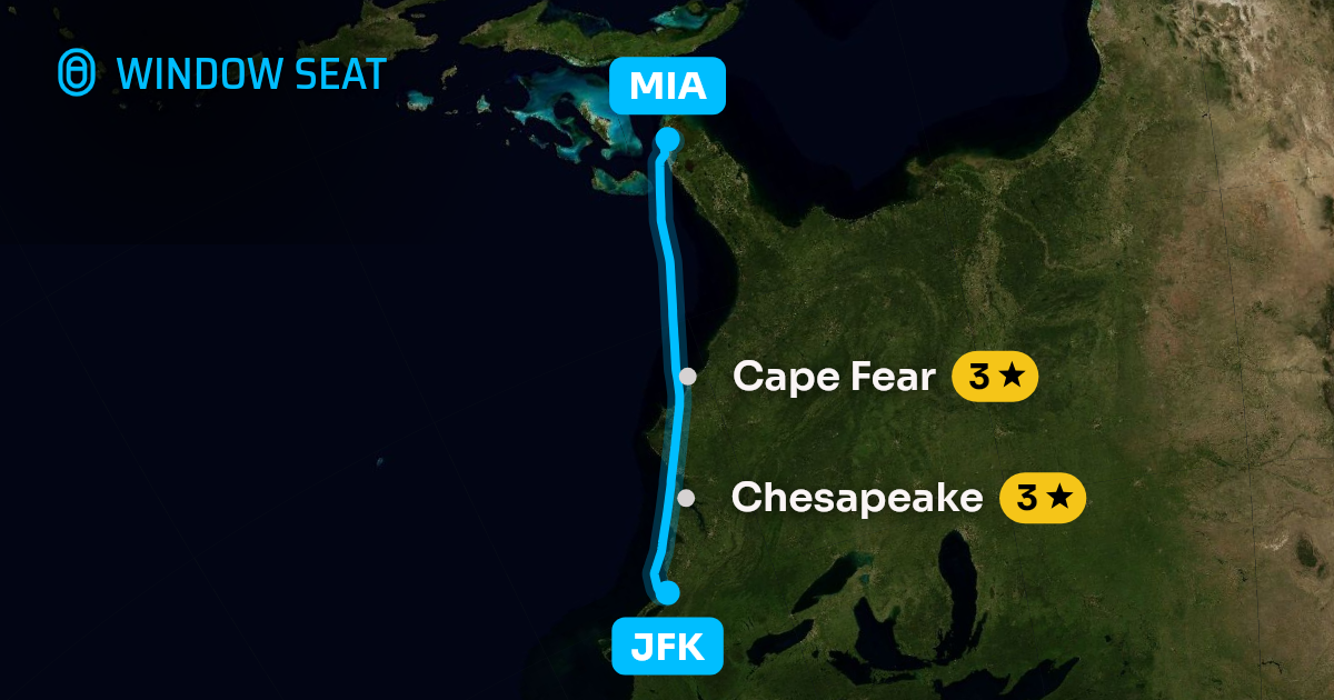 Map of the New York to Miami flight path with its landmarks on each side