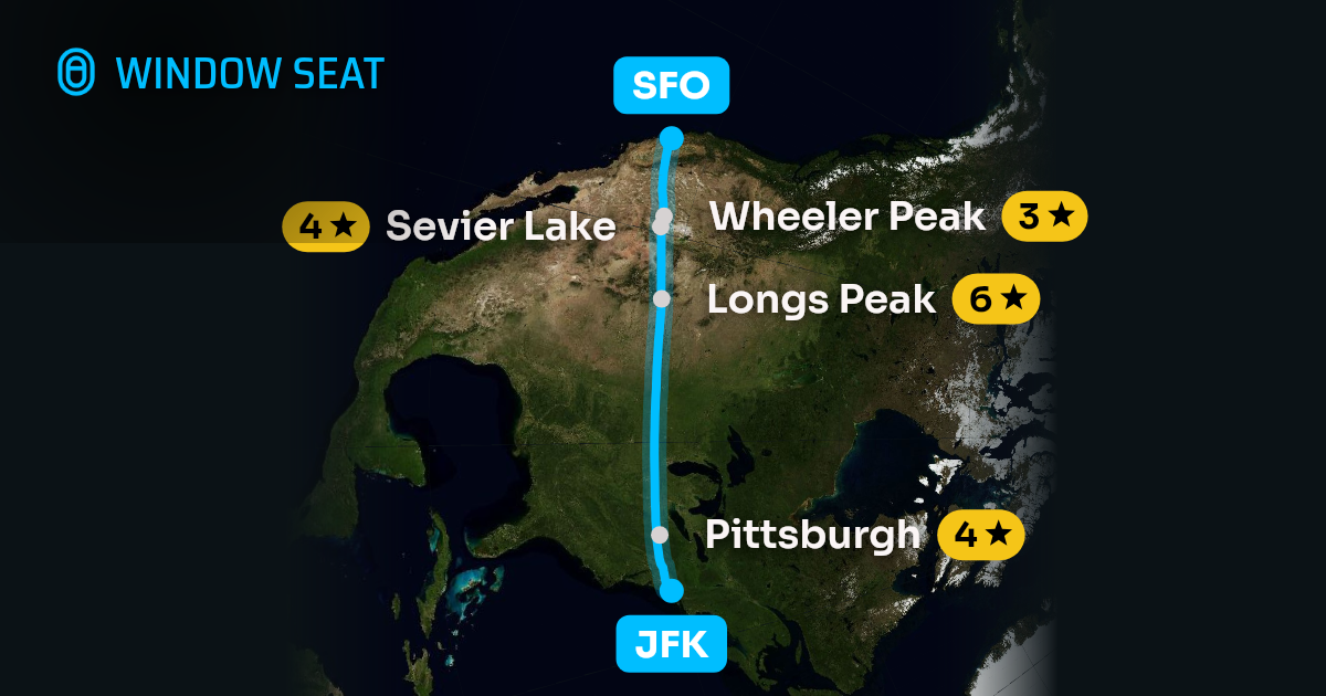 Map of the New York to San Francisco flight path with its landmarks on each side