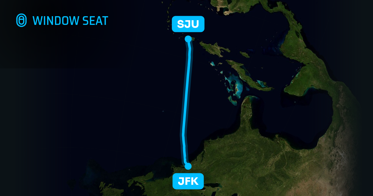 Map of the New York to San Juan flight path with its landmarks on each side