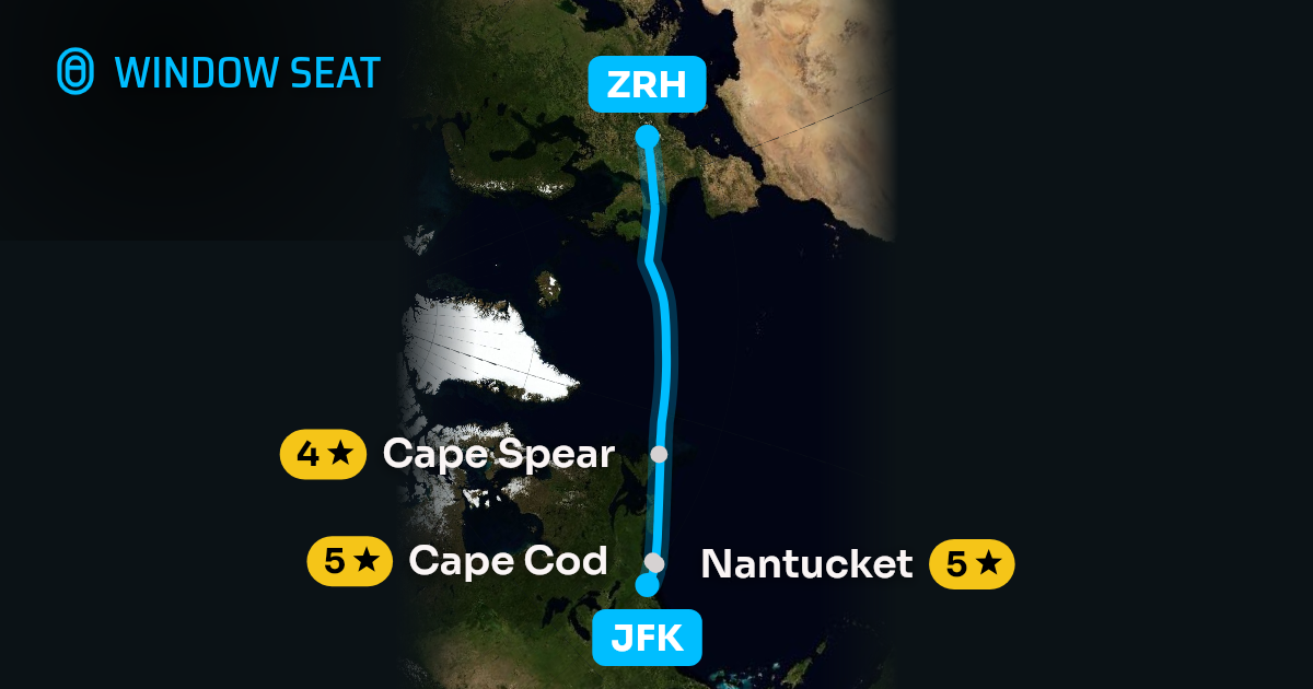 Map of the New York to Zurich flight path with its landmarks on each side
