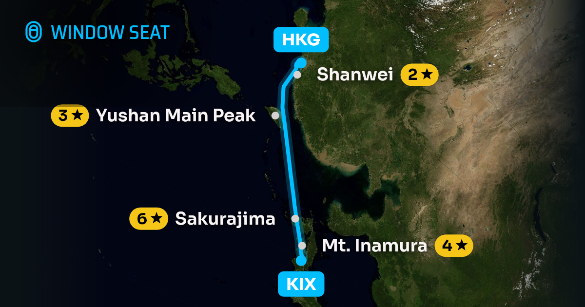 Map of the Osaka to Hong Kong flight path with its landmarks on each side