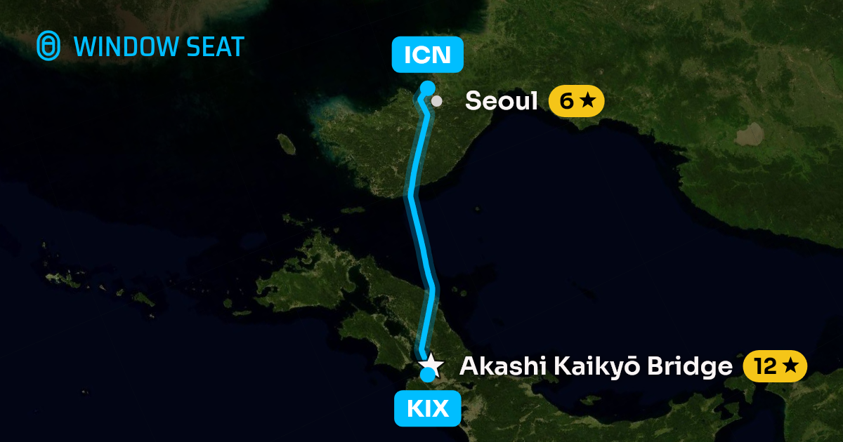 Map of the Osaka to Seoul flight path with its landmarks on each side