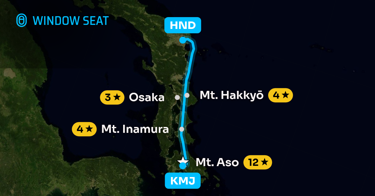 Map of the Kumamoto to Tokyo flight path with its landmarks on each side