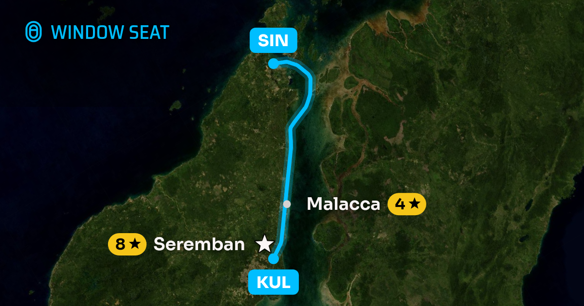 Map of the Kuala Lumpur to Singapore flight path with its landmarks on each side