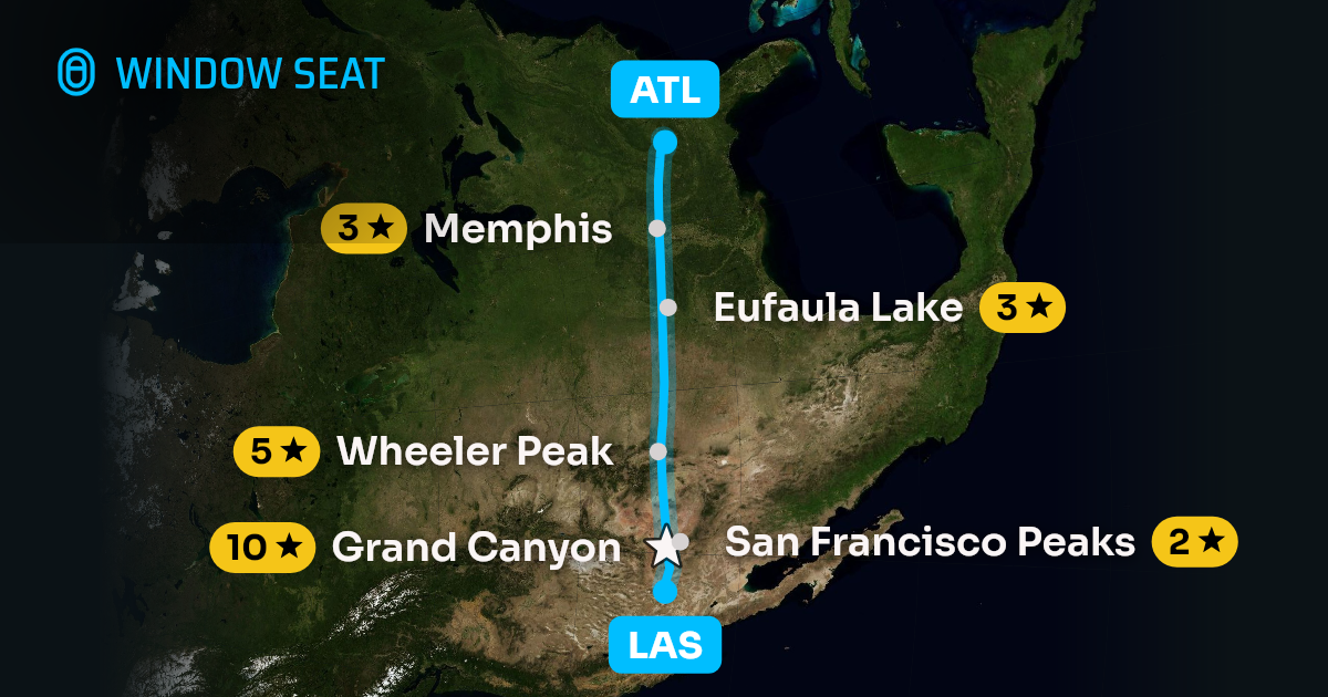 Map of the Las Vegas to Atlanta flight path with its landmarks on each side
