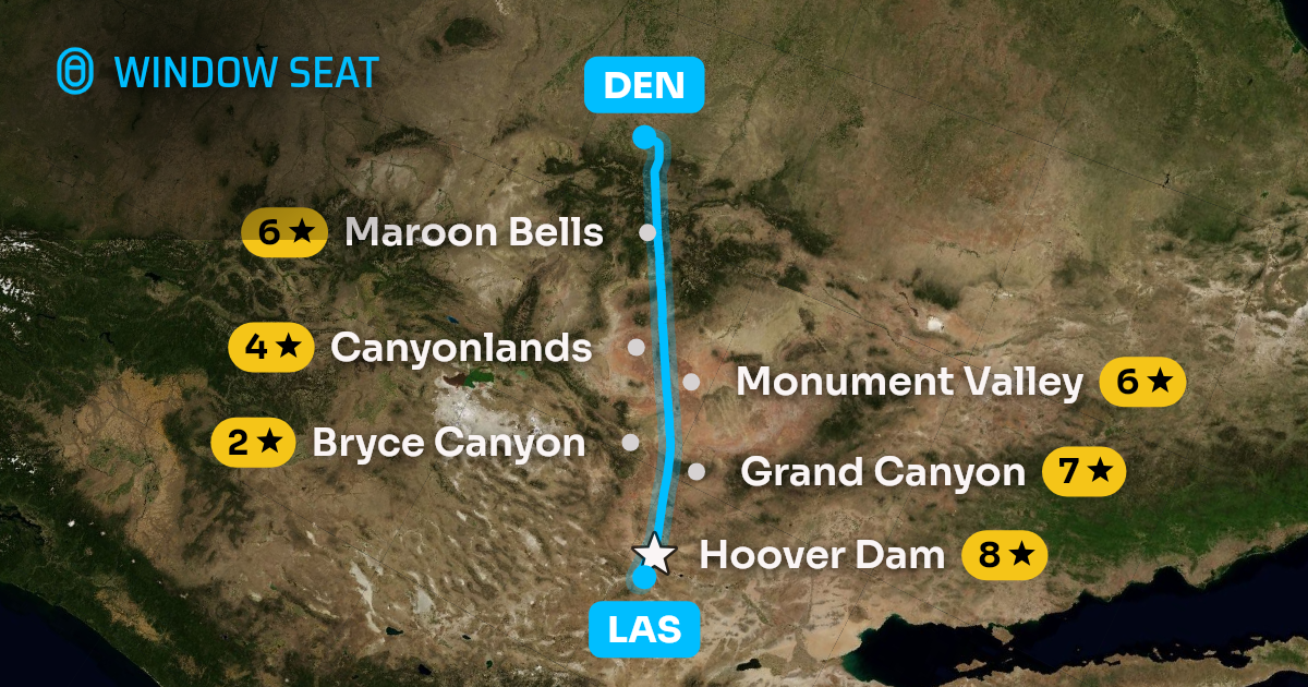 Map of the Las Vegas to Denver flight path with its landmarks on each side