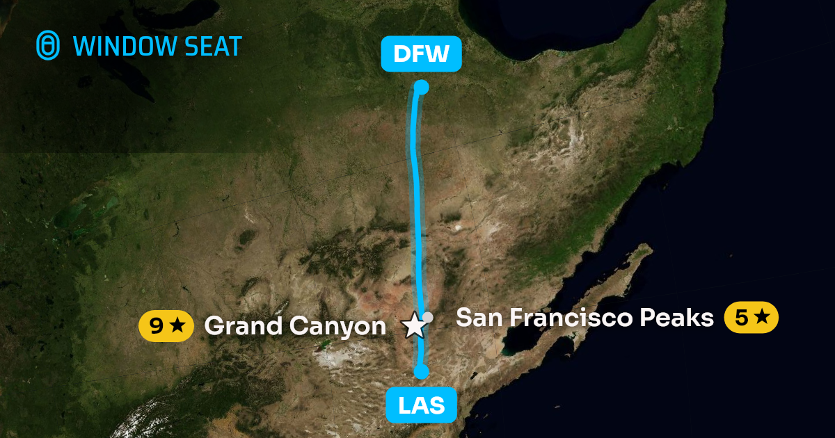 Map of the Las Vegas to Dallas-Fort Worth flight path with its landmarks on each side