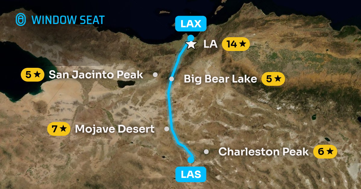 Map of the Las Vegas to Los Angeles flight path with its landmarks on each side