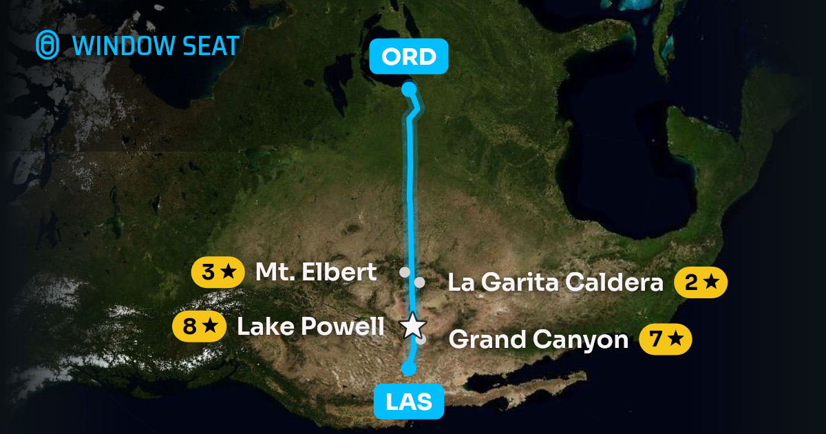 Map of the Las Vegas to Chicago flight path with its landmarks on each side