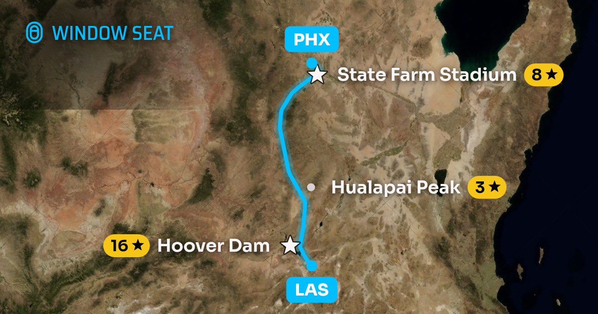 Map of the Las Vegas to Phoenix flight path with its landmarks on each side