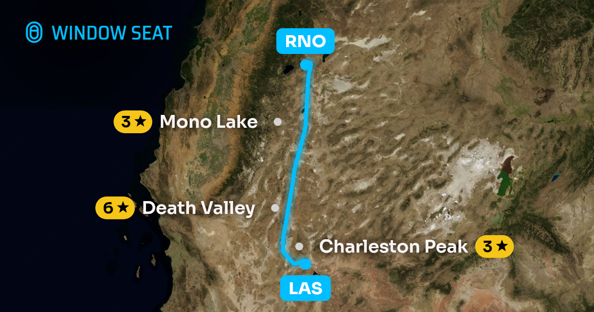 Map of the Las Vegas to Reno flight path with its landmarks on each side