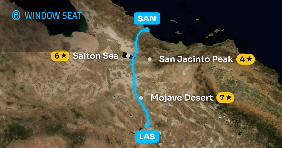 Map of the Las Vegas to San Diego flight path with its landmarks on each side