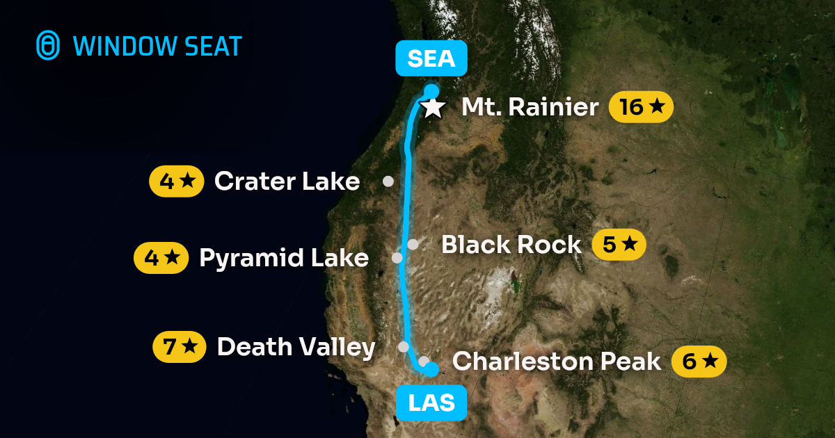 Map of the Las Vegas to Seattle flight path with its landmarks on each side