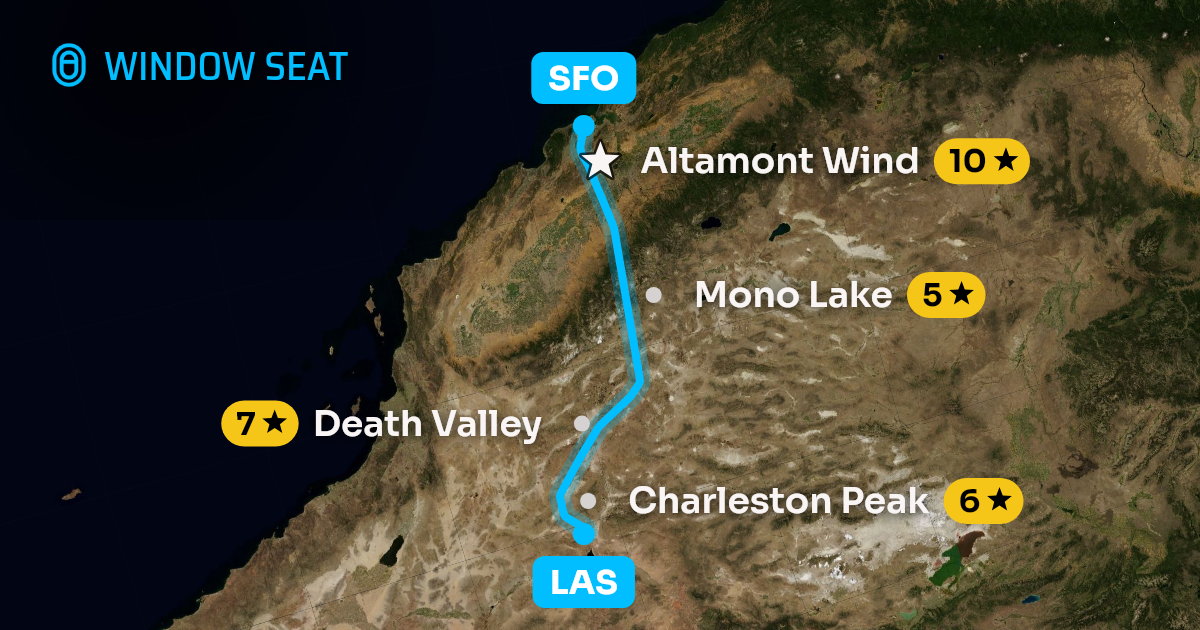 Map of the Las Vegas to San Francisco flight path with its landmarks on each side