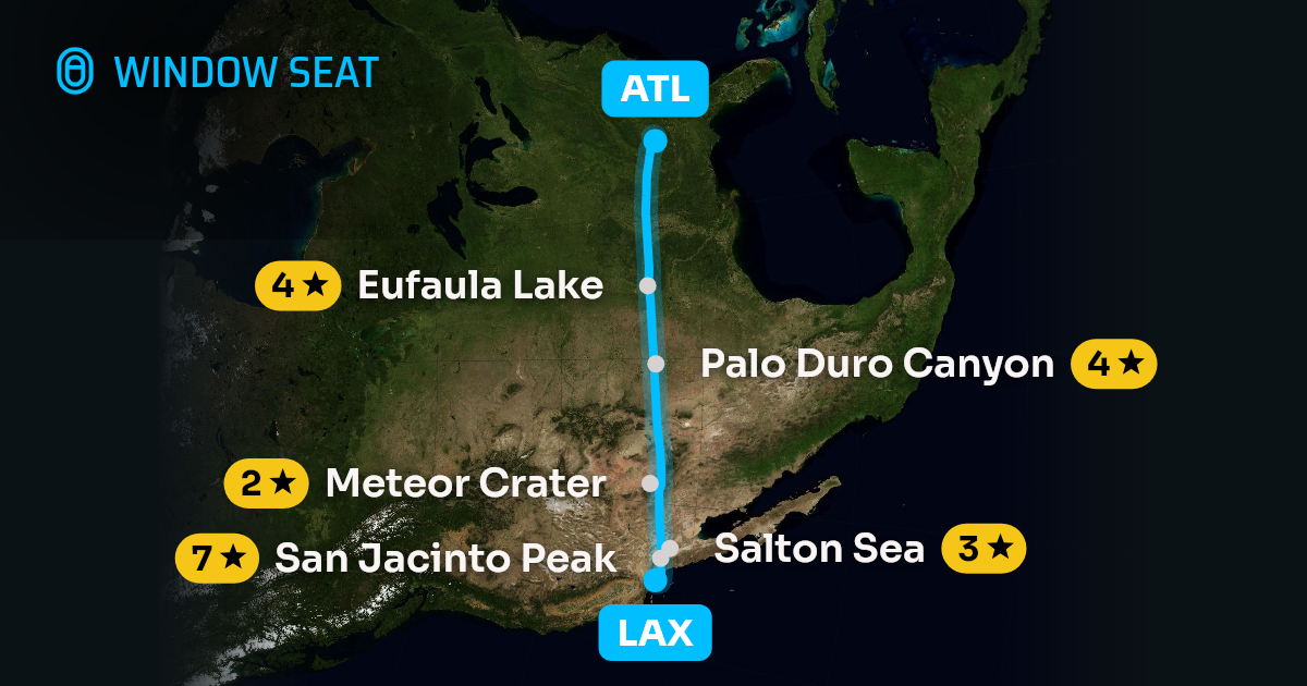 Map of the Los Angeles to Atlanta flight path with its landmarks on each side