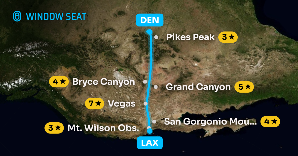 Map of the Los Angeles to Denver flight path with its landmarks on each side