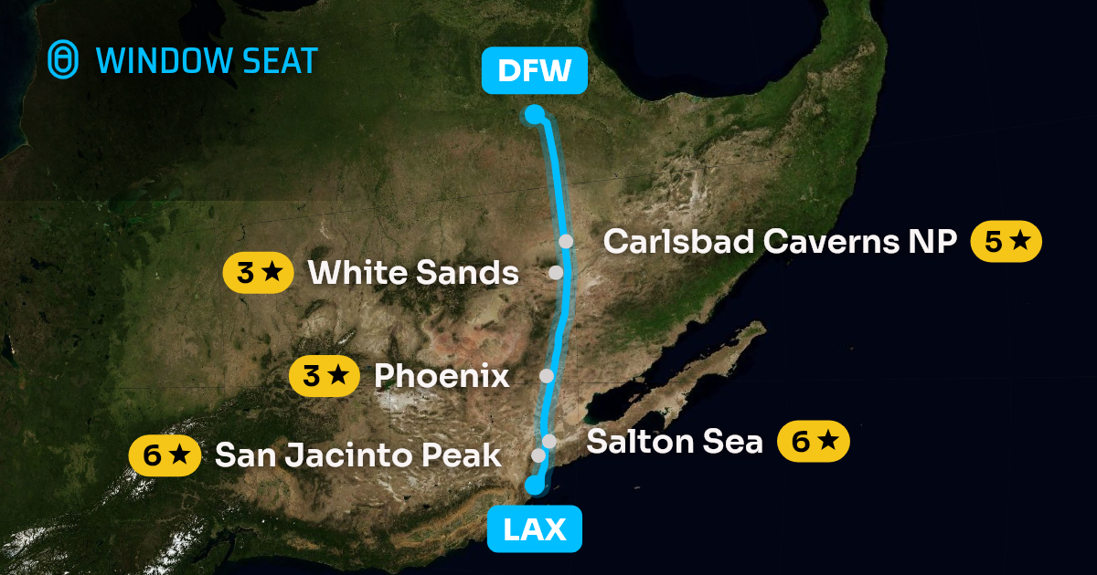 Map of the Los Angeles to Dallas-Fort Worth flight path with its landmarks on each side