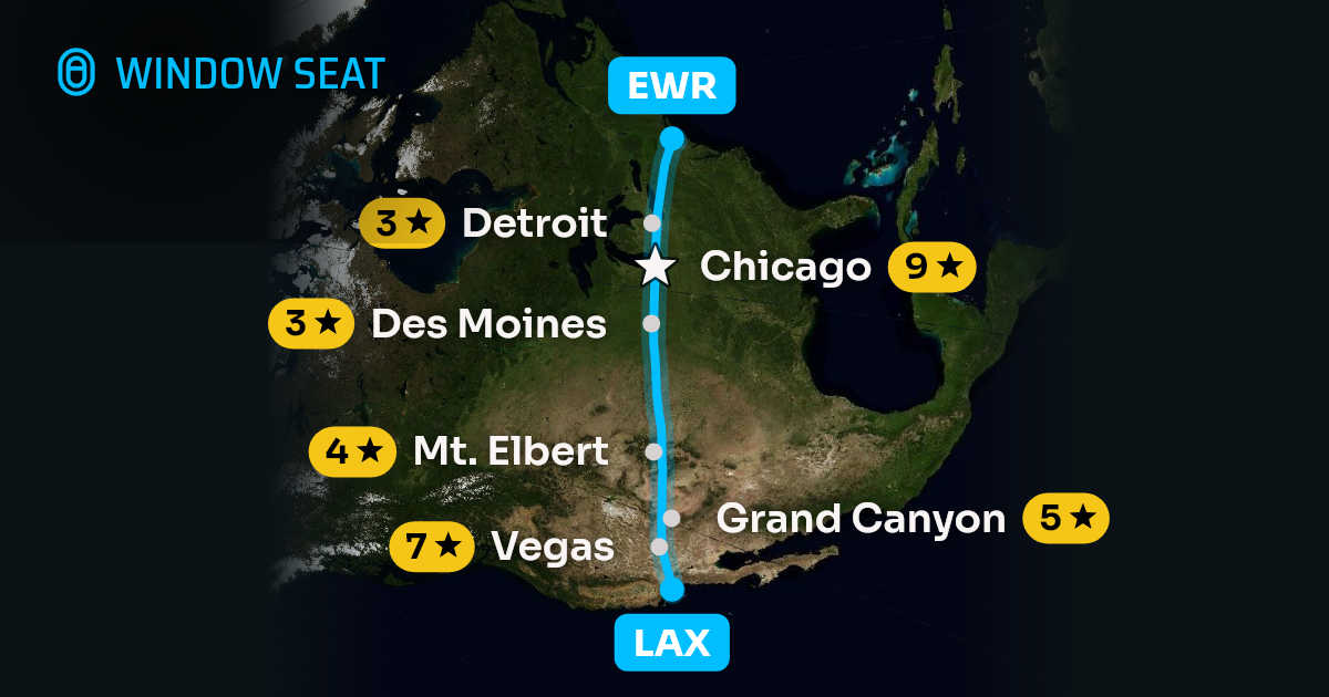 Map of the Los Angeles to Newark flight path with its landmarks on each side