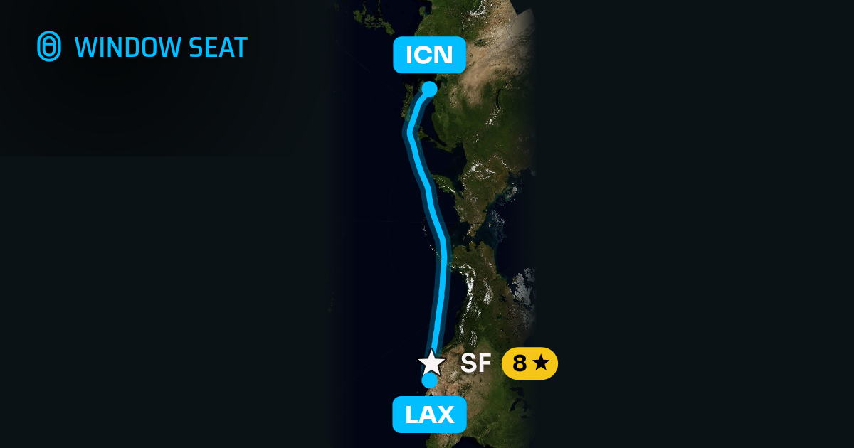 Map of the Los Angeles to Seoul flight path with its landmarks on each side