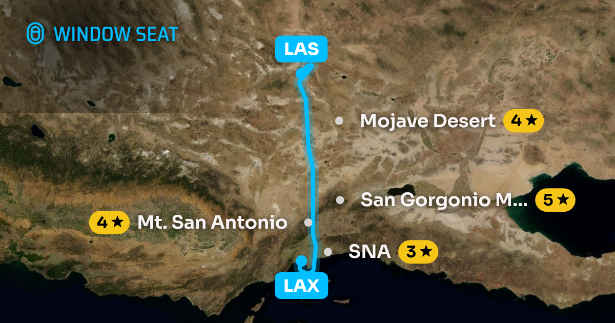 Map of the Los Angeles to Las Vegas flight path with its landmarks on each side