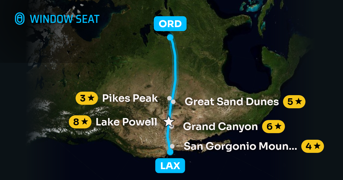 Map of the Los Angeles to Chicago flight path with its landmarks on each side