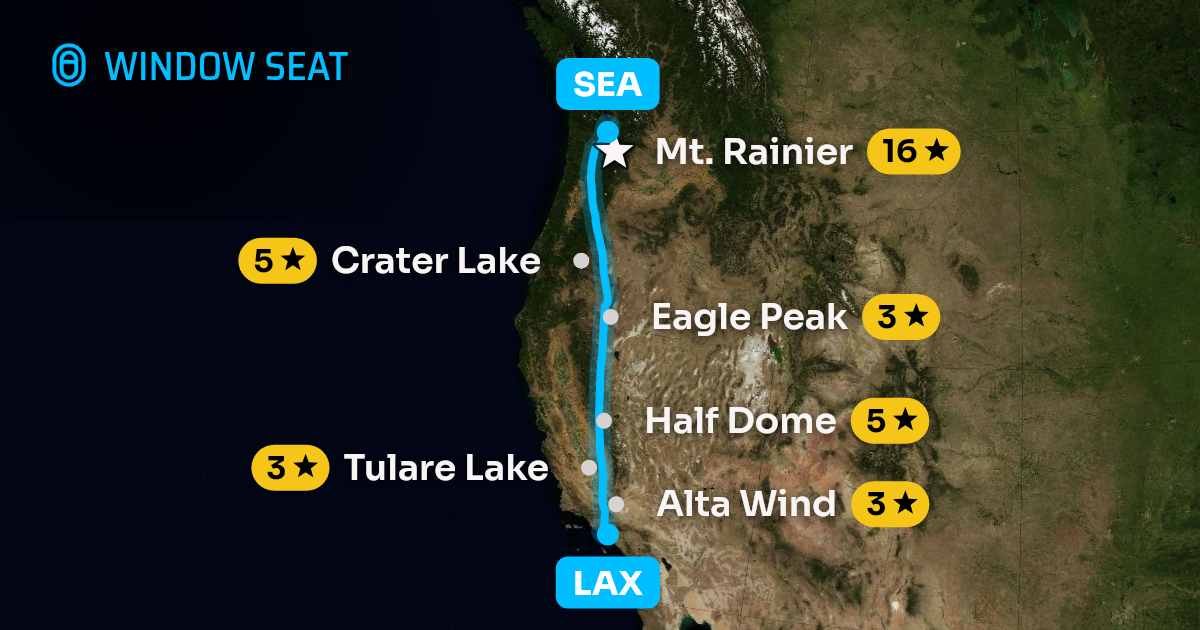 Map of the Los Angeles to Seattle flight path with its landmarks on each side