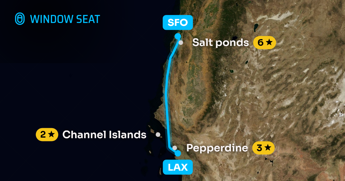 Map of the Los Angeles to San Francisco flight path with its landmarks on each side