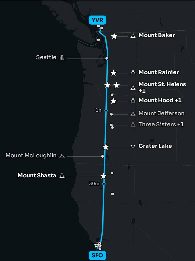 Map of the Los Angeles to Hailey flight path with its landmarks on each side