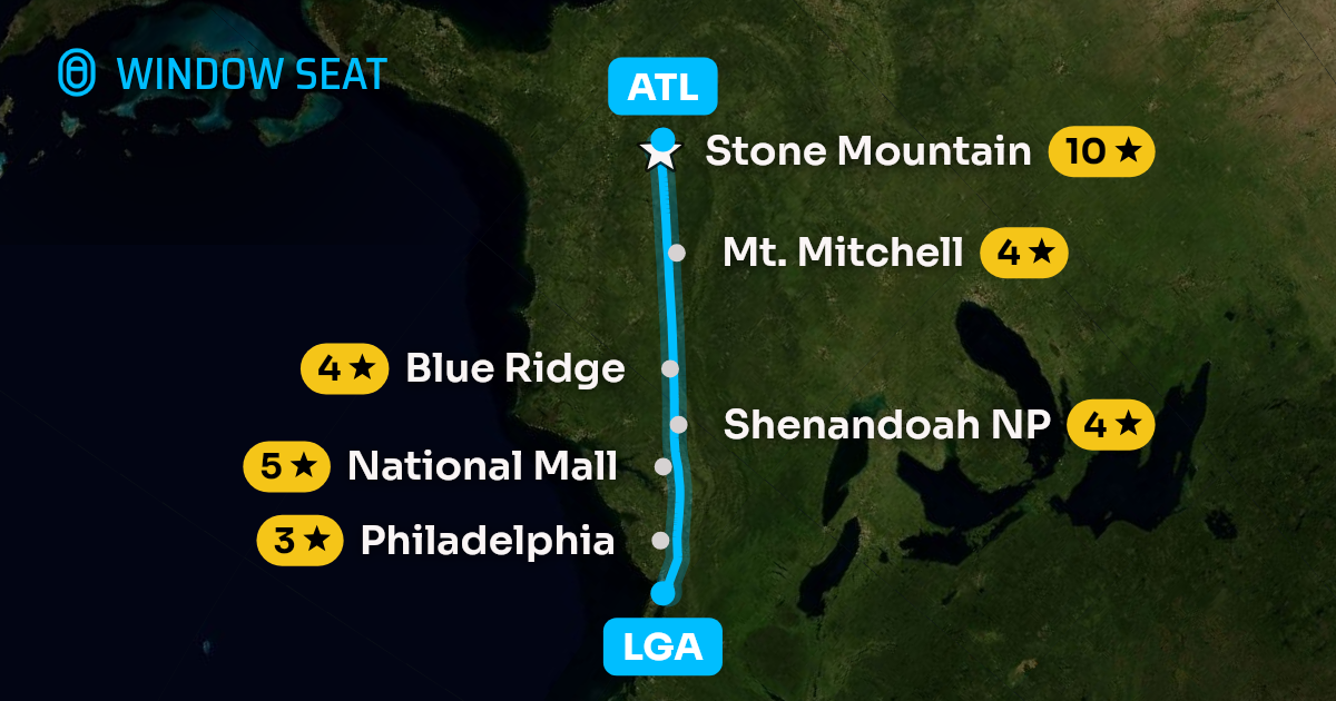 Map of the New York to Atlanta flight path with its landmarks on each side