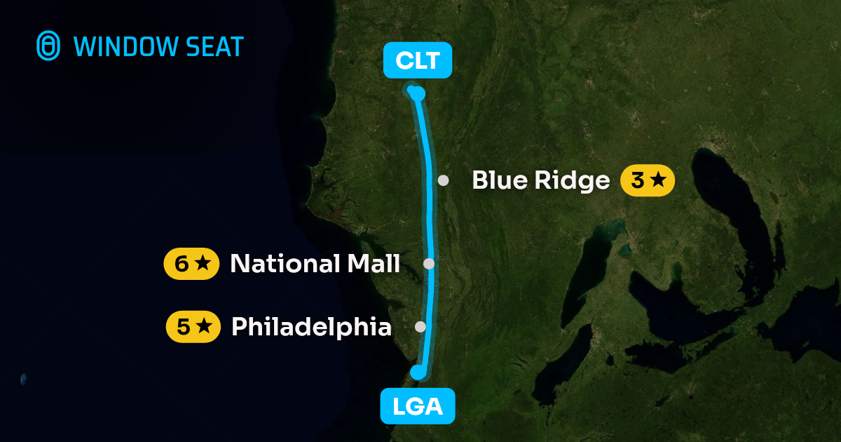 Map of the New York to Charlotte flight path with its landmarks on each side