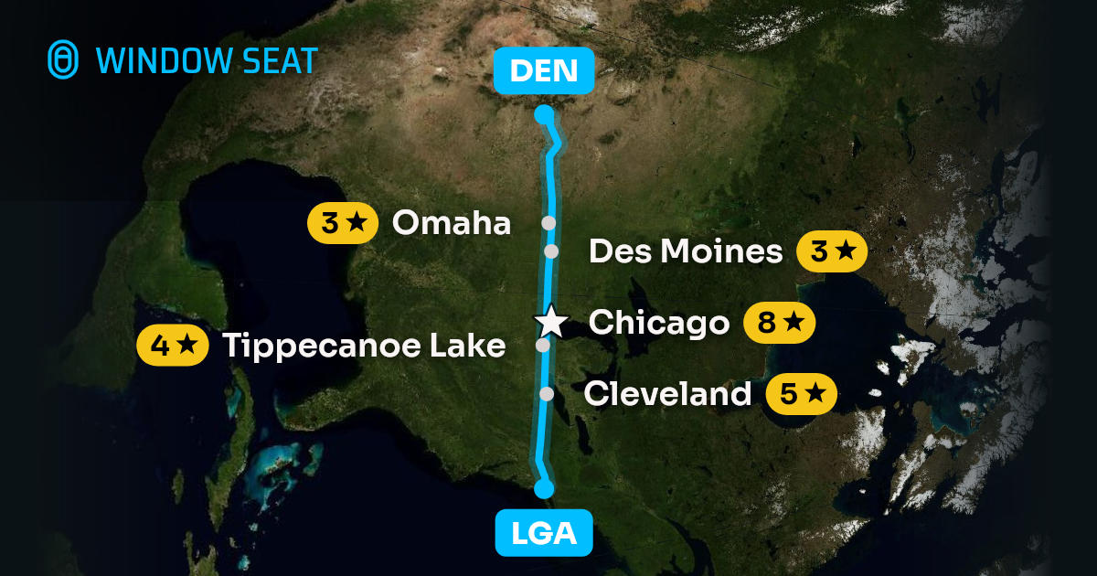 Map of the New York to Denver flight path with its landmarks on each side