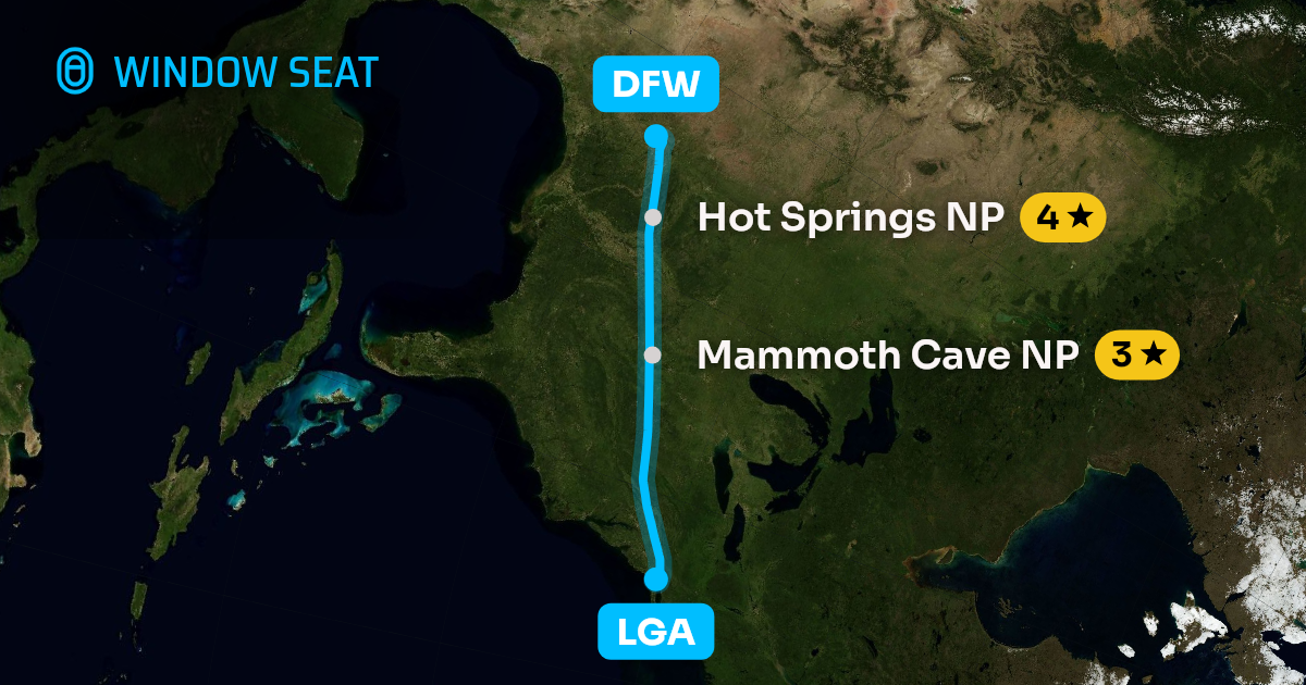 Map of the New York to Dallas-Fort Worth flight path with its landmarks on each side