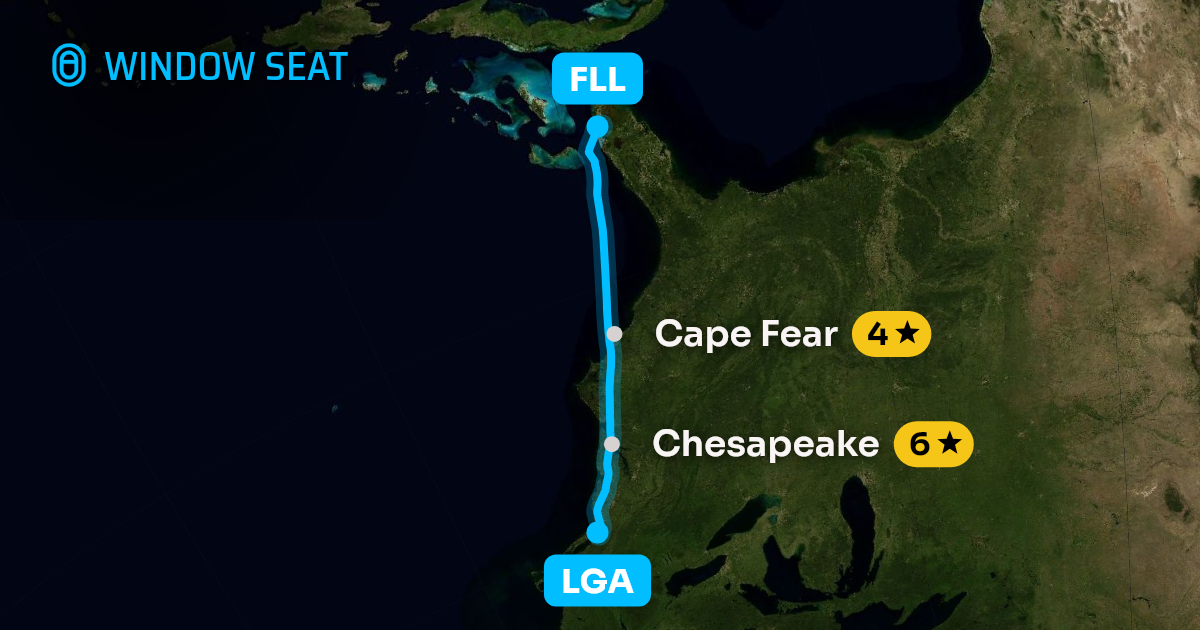 Map of the New York to Fort Lauderdale flight path with its landmarks on each side